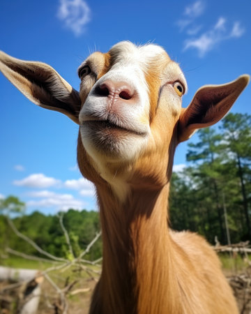 Funny goats standing among blooming dandelions against a dark blue sky. Mom and baby. Looking to the cameraの素材