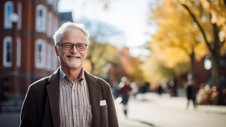 portrait handsome man university college teacher, scientist or educator. walks down the city street modern campus, outdoors.の素材