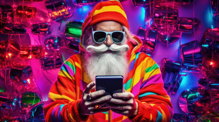 Handsome senior bearded man holding gift box over dark background. Hipster Santa Claus collects gifts using high technologyの素材