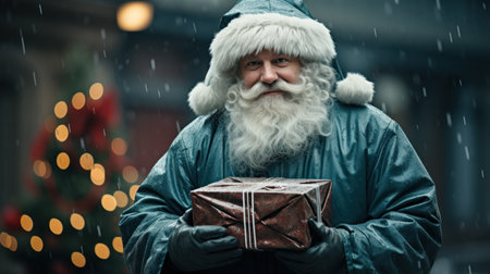 Santa Claus hold gift box under the rain.の素材