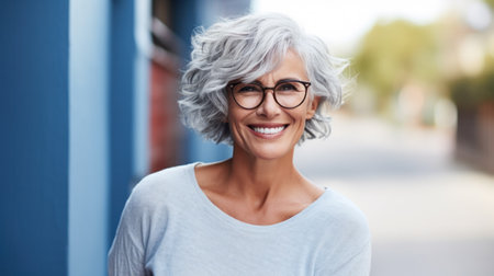 Beautiful and happy blond hair grandma looking at camera isolated on white backgroundの素材