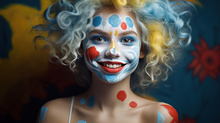 Portrait of funny girl with face painting on blurred backgroundの素材