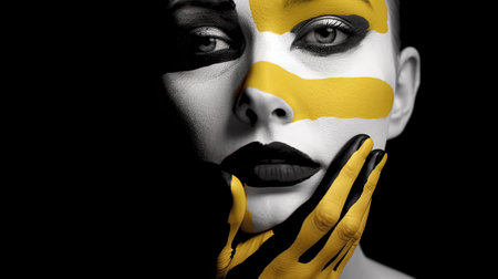 Cheerful young woman with art fashion makeup. An amazing woman with white and yellow makeupの素材