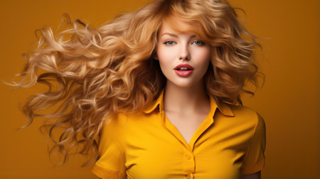 Image of excited young woman standing isolated over yellow background.の素材