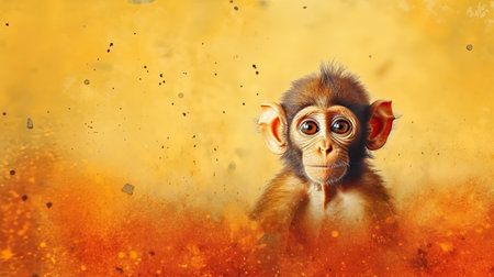 Isolated thoughtful single ape, monkey statuette on color background.の素材