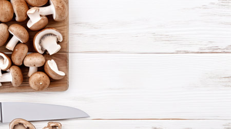 Top view of fresh Champignon mushroom on wooden cutting board on wooden backgroundの素材