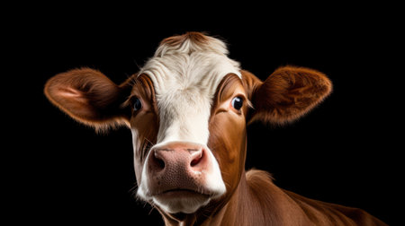 Close-up portrait of young brown bull against black background.の素材