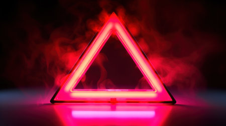 Red automotive safety triangle in perspective glowing on a dark background.