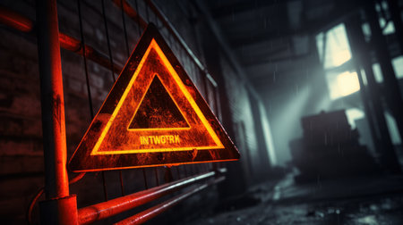 Red automotive safety triangle in perspective glowing on a dark background.の素材