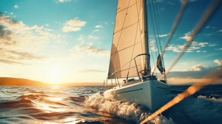 White yacht sailing in an open sea at sunset. A view from the deck to the bow, mast, sails. Epic cloudscape. Dramatic sky with glowing golden clouds after the storm. Racing, sport, leisure activity.の素材