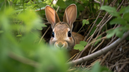 Cute fluffy rabbit on green grass outdoors.の素材