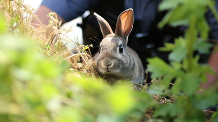 Cute fluffy rabbit on green grass outdoors.の素材