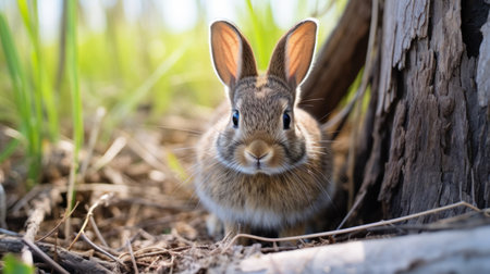 Cute fluffy rabbit on green grass outdoors.の素材