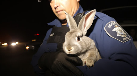 Large rabbit in the hands of a man in a police uniform.の素材