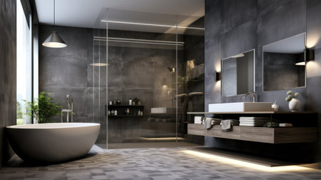 Exclusive bright bathroom with white marble floor and inclined wall.の素材