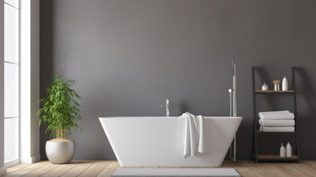minimalist bathroom interior, concrete floor and gray and beige walls, bathroom cabinet, bathtubの素材