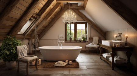 Modern bathroom in cool style with glass shower and bathtub in the attic of a houseの素材