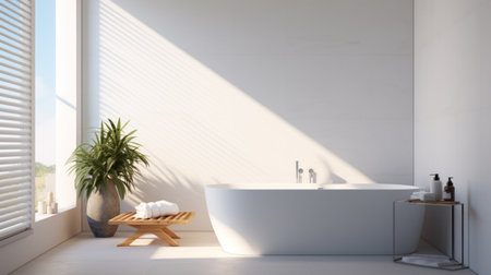 minimalist bathroom interior, concrete floor and gray and beige walls, bathroom cabinet, bathtub.の素材