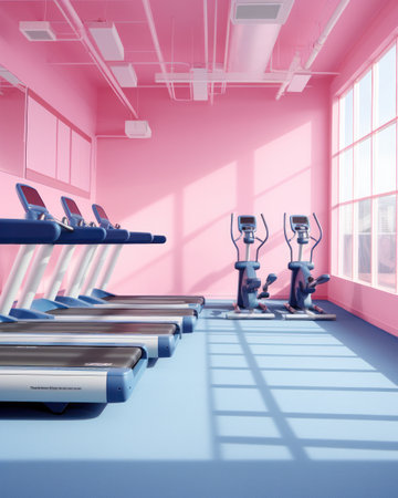 Modern light gym in pastel color. Sports equipment in gymの素材