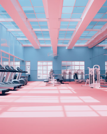 Modern light gym in pastel color. Sports equipment in gymの素材