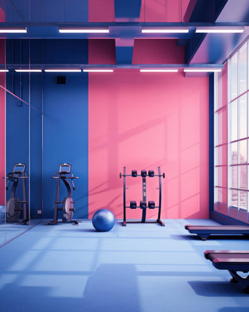 Modern light gym in pastel color. Sports equipment in gymの素材