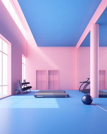 Modern light gym in pastel color. Sports equipment in gymの素材