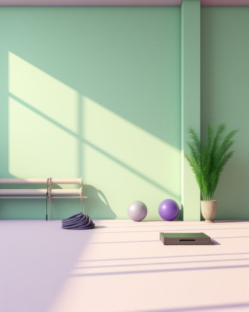 Modern light gym in pastel color. Sports equipment in gymの素材