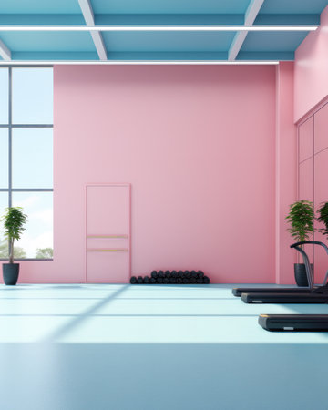 Modern light gym in pastel color. Sports equipment in gymの素材