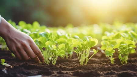 hands planting tomato seedling on garden.の素材