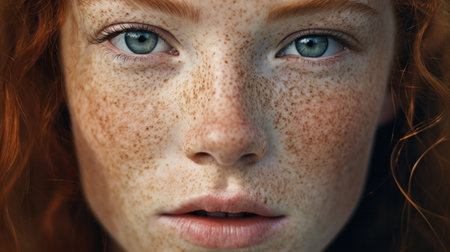 Freckles Woman portrait. Close-up. Beautiful blue eyed girl with freckles is looking at camera, on a white backgroundの素材