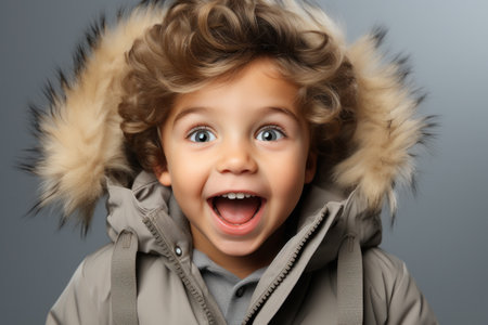 Portrait of young happy little caucasian boy wearing fur hooded winter coat sweater on studio background with copy space. Education childhood lifestyle, winter cold bannerの素材