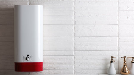 Modern home gas boiler, water heater. An isolated gas stove on white background. Water heating, ecology. Concept lifestyleの素材