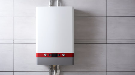 Modern home gas boiler, water heater. An isolated gas stove on white background. Water heating, ecology. Concept lifestyleの素材