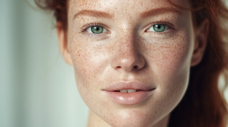 Freckles Woman portrait. Close-up. Beautiful blue eyed girl with freckles is looking at camera, on a white backgroundの素材