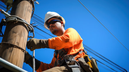 Electrician lineman repairman worker at climbing work on electric post power poleの素材
