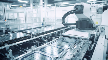 Lithium-ion High-voltage Battery Component for Electric Vehicle or Hybrid Car. Battery Module for Automotive Industry on Production Line. High Capacity Battery Production inside a Factory.の素材