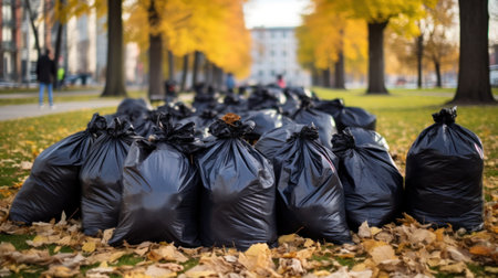 black garbage bags with foliage lie on the groundの素材