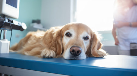 Dog in the animal hospital. Senior pet lying on the operating room before surgeryの素材