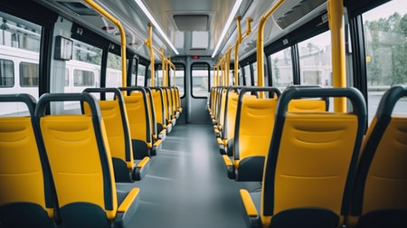 Interior design of a modern bus. Empty bus interior. Public transport in the city. Passenger transportation. Bus with blue seats and yellow handrailsの素材