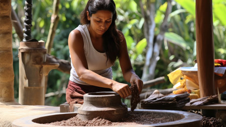 Agriculture of cocoa farmers brown organic cocoa beans sun-drying on a cocoa farm. Process for chocolate productionの素材