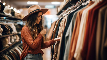 Cheerful pretty young woman buyer choosing clothes from rack in clothing store, blurred background. Cute female shopaholic select and buying clothes in fashion boutique during sale.の素材