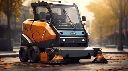 Demonstration of harvesting equipment. A road sweeper. Vehicle for street cleaning. Machine with yellow brushes for cleaning.の素材