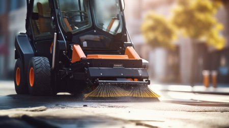 Demonstration of harvesting equipment. A road sweeper. Vehicle for street cleaning. Machine with yellow brushes for cleaning.の素材