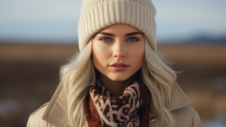 Young blonde girl in beige coat and warm hat and scarf outdoor closeup portrait. Cold outside. Winter clothesの素材