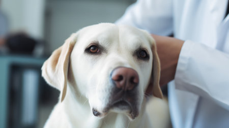 Portrait of big white dog lying on examination table in clinic with unrecognizable veterinarianの素材