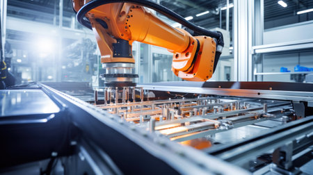 Robot Arms on Automated EV Battery Components Production Line. Electric Car Battery Pack Manufacturing Process. Conveyor Belt on a Modern Factory.の素材
