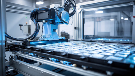 Robot Arms on Automated EV Battery Components Production Line. Electric Car Battery Pack Manufacturing Process. Conveyor Belt on a Modern Factory.の素材