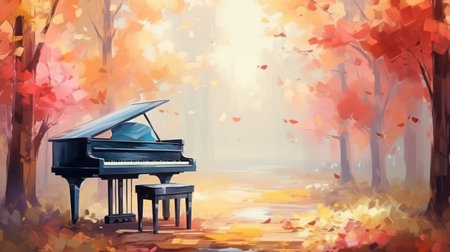 Music piano concept and nature.Surreal dreamscape forest and sunset and black grand pianoの素材