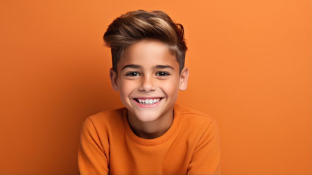 Young caucasian kid with blue eyes standing wearing elegant shirt over red background, relax profile pose with natural face with confident smile.の素材