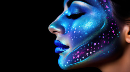 Fashion model woman in neon light, portrait of beautiful model with fluorescent make-up, Art design of female disco dancers posing in UV, colorful make up. Isolated on black backgroundの素材